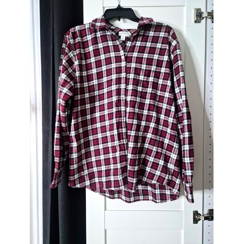J.Crew Plaid Button Down Shirt Burgundy White Black Cotton Long Sleeve Size M